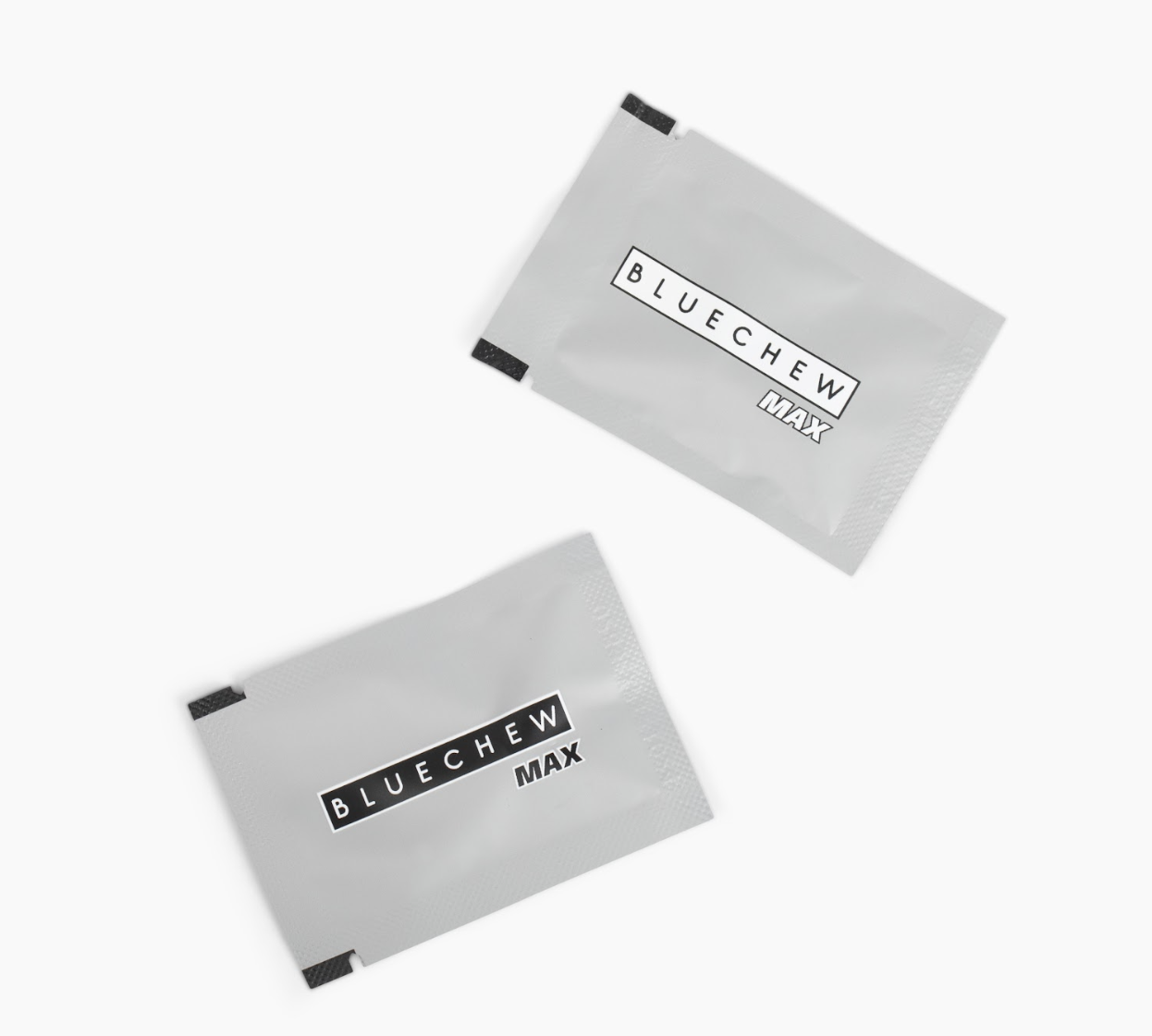 Two sealed BlueChew MAX packages showcasing the two different options featuring the logo, designed for erectile dysfunction medications.