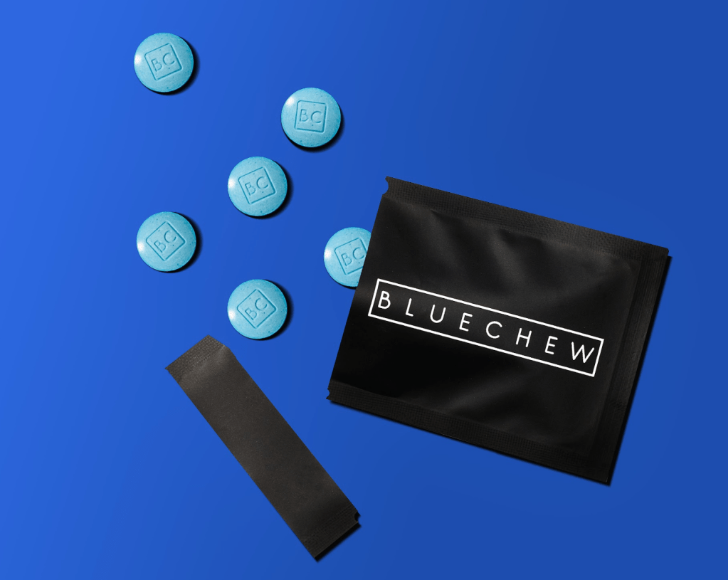 open satchel of bluechew sildenafil tablets for stronger erections