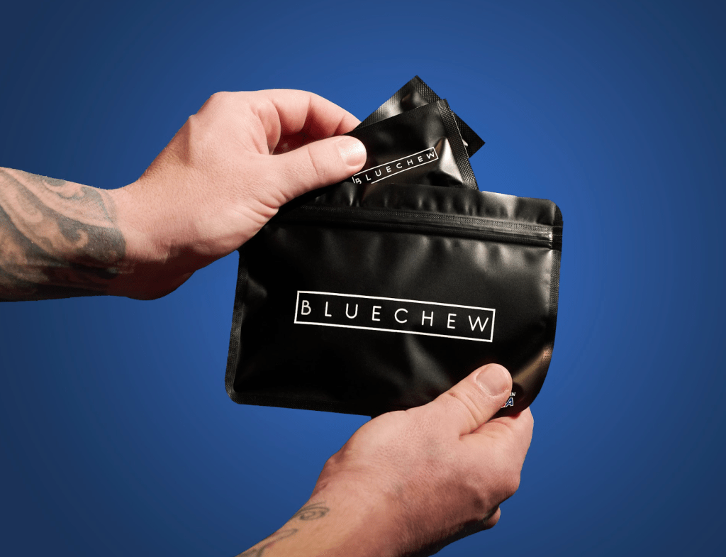 large bluechew packet with small satchets to show convenience of single serving